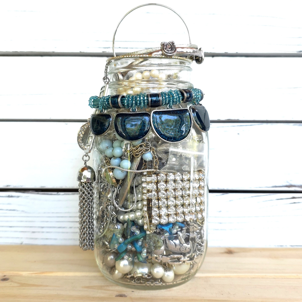 Silver & Blue Curated Mystery Jewelry Jar 2lb 4oz Vintage-Modern All Wearable 6c